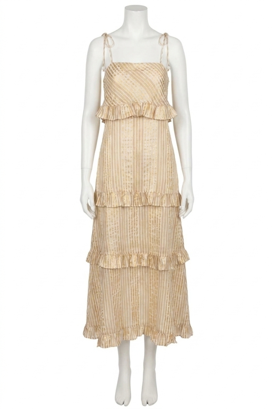 NEW OLIPHANT tie strap ruffle midi dress in samoa tan / gold